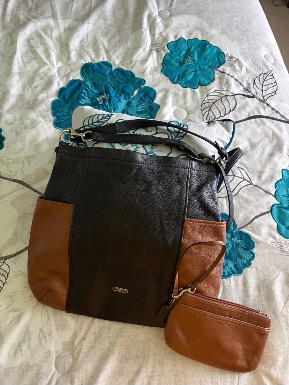 Coach Two-Tone Black and Brown Leather Shoulder Tote with Matching Wristlet